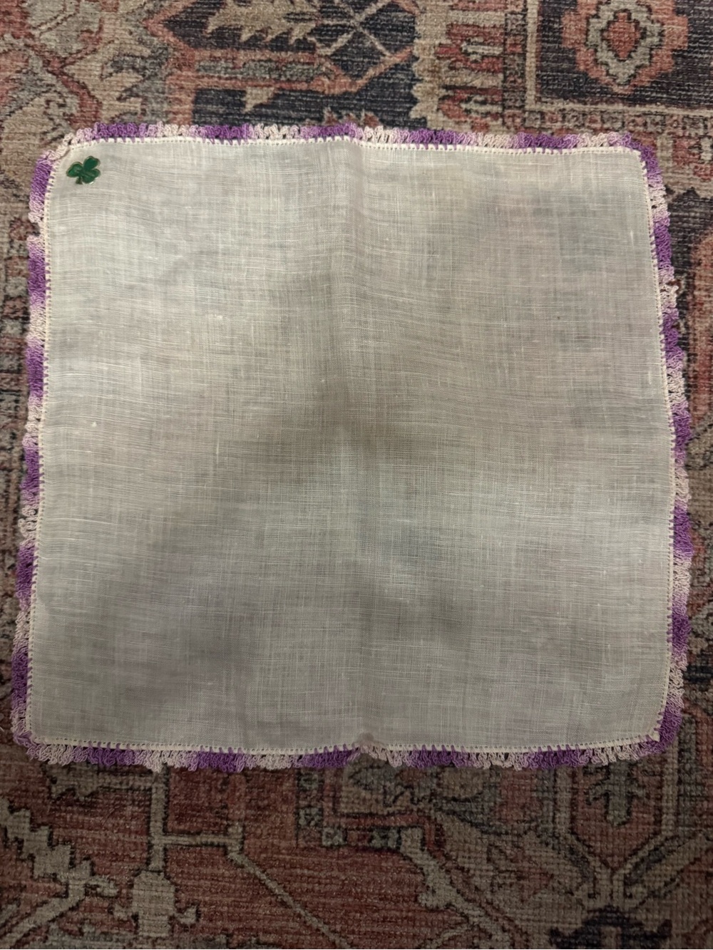 Vintage Handcrafted White Linen Handkerchief With Purple Embroidered Outline